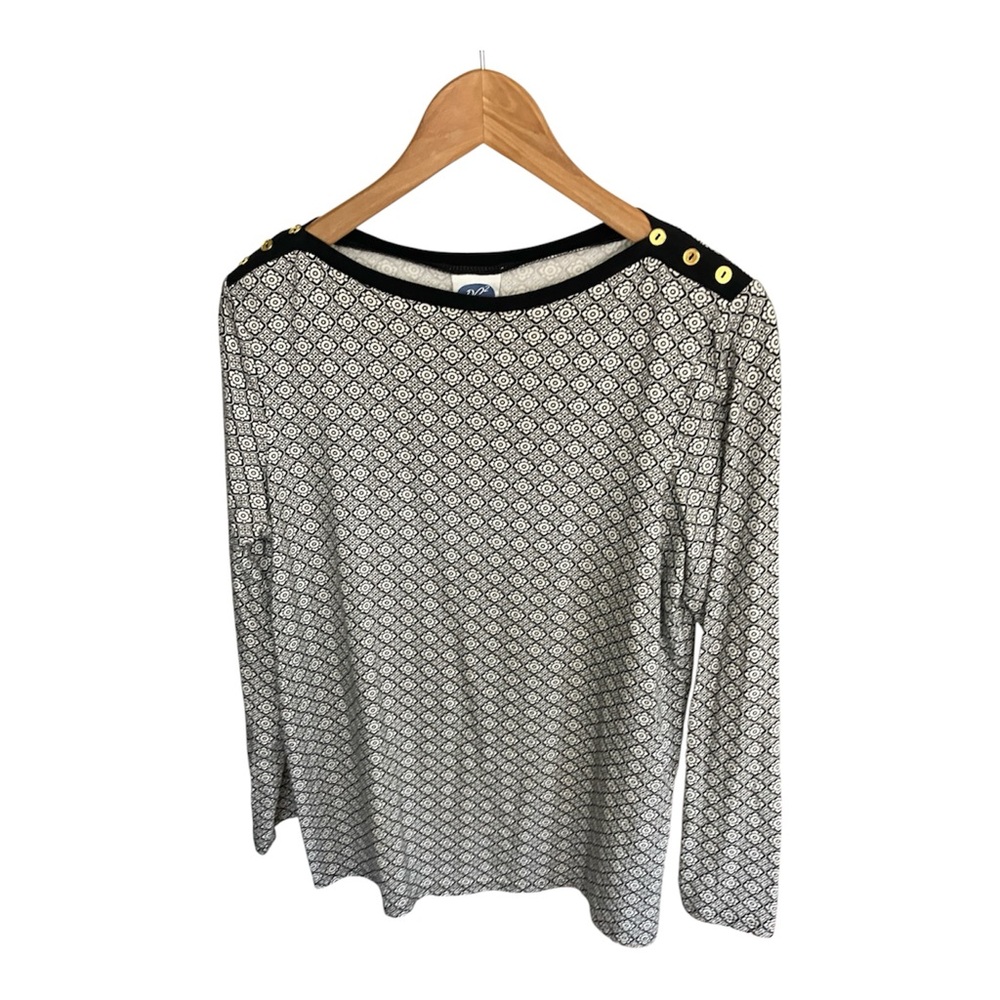 DG2 by Diane Gilman Black & White Geo Print Long Sleeve Top with Gold Buttons